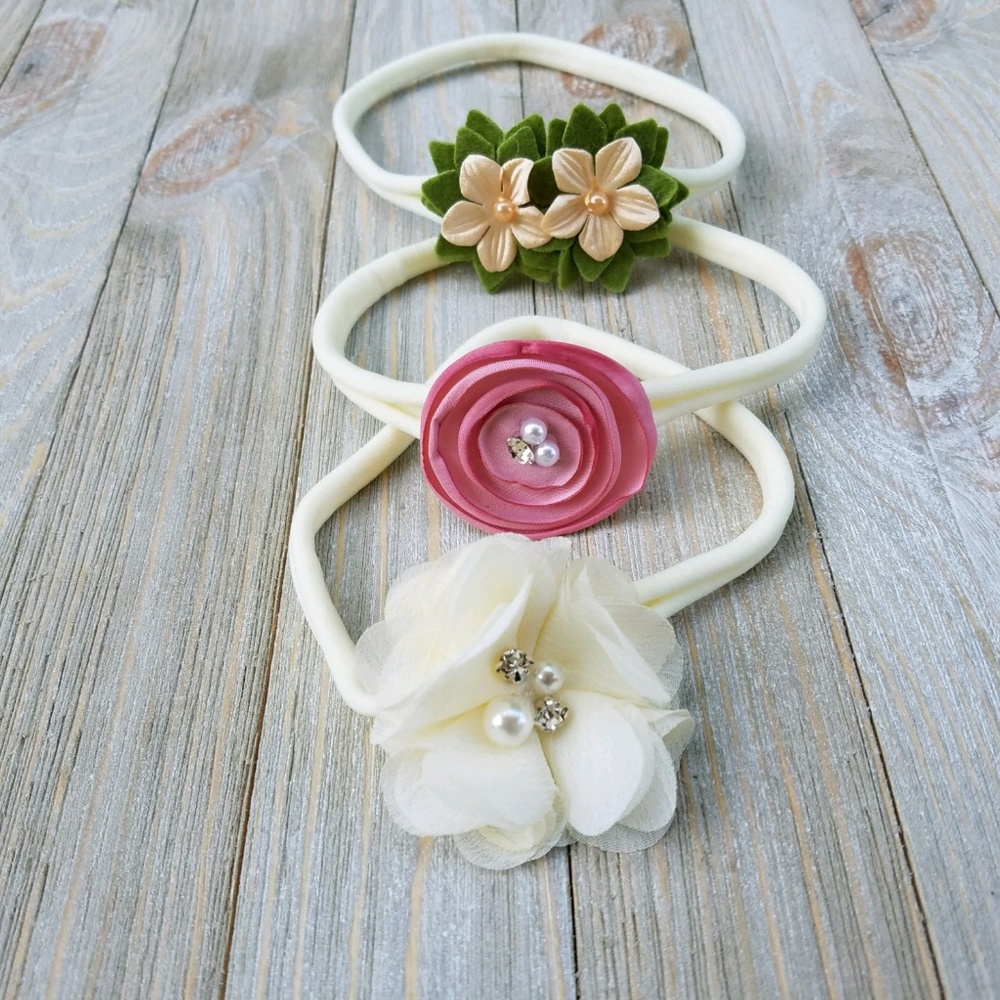 3 New Baby Girl Nylon Headbands NB-2T